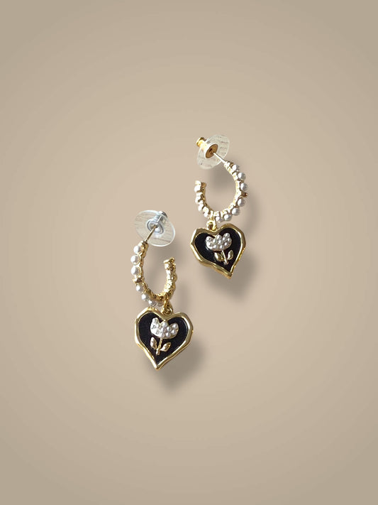 Noir Heart Pearl Hoops